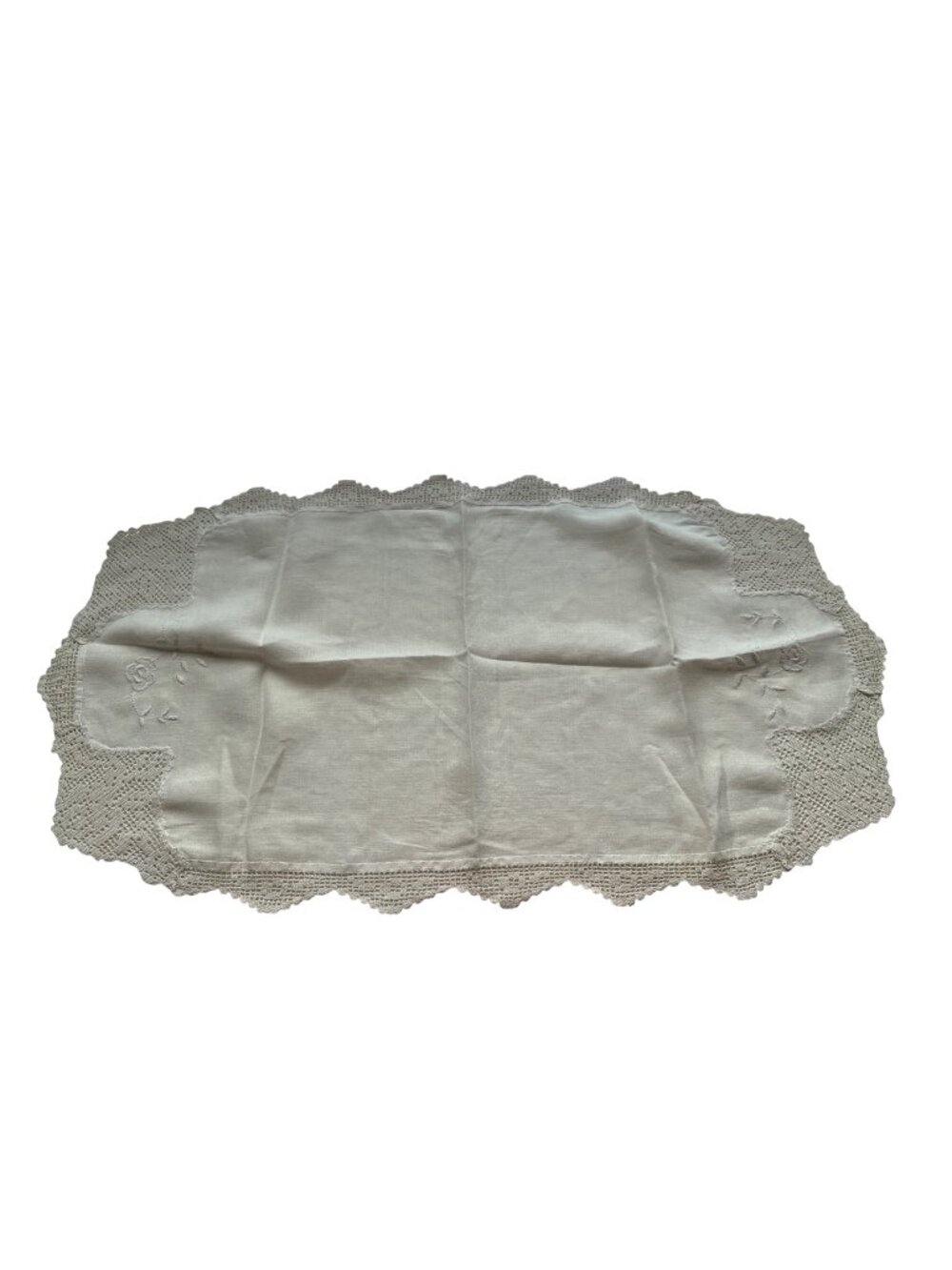 Vintage Lace Edged Linen Table Runner Floral Embroidered Ivory Rectangular